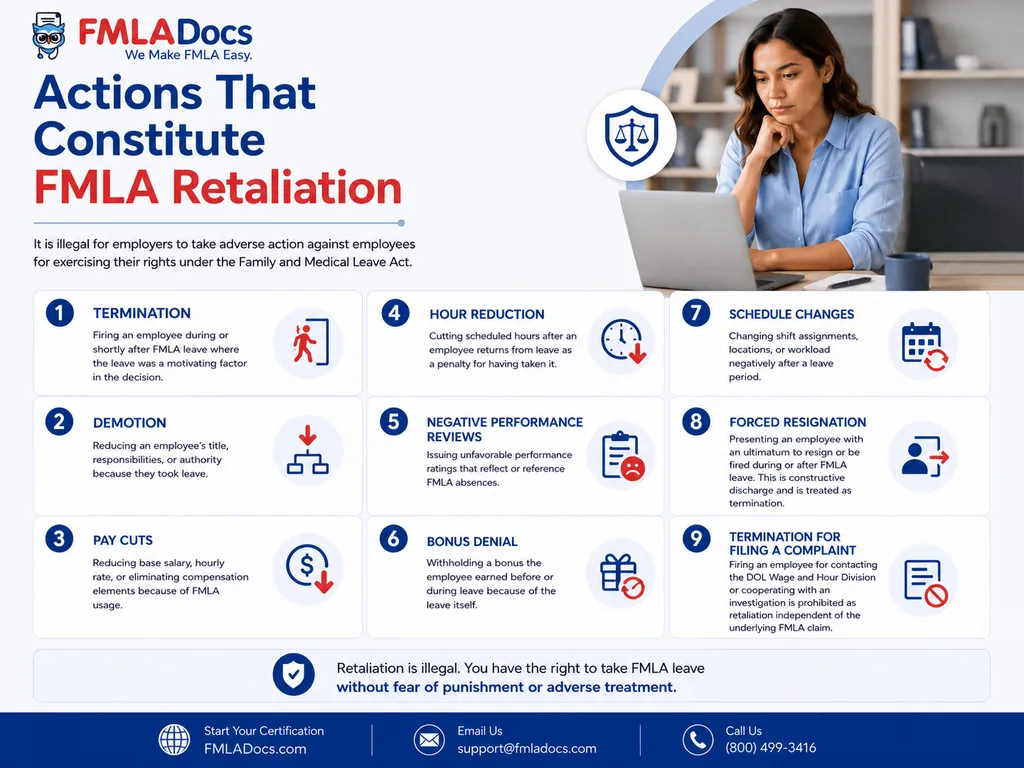 Actions that constitute FMLA retaliation including termination, demotion, pay cuts, and other adverse employment actions