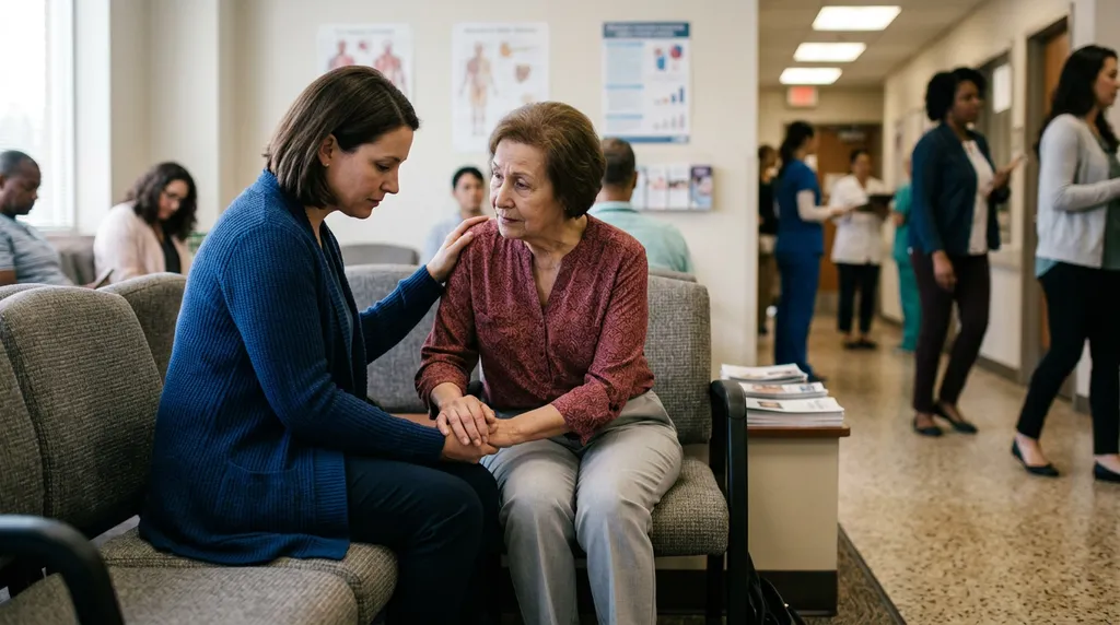 Adult caregiver supporting an older family member in a medical waiting room