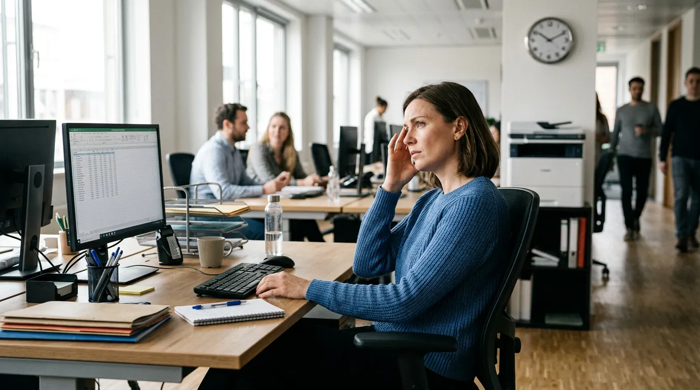 Employee at her open-plan office desk pressing her temple during a migraine, the kind of episode a single FMLA day covers