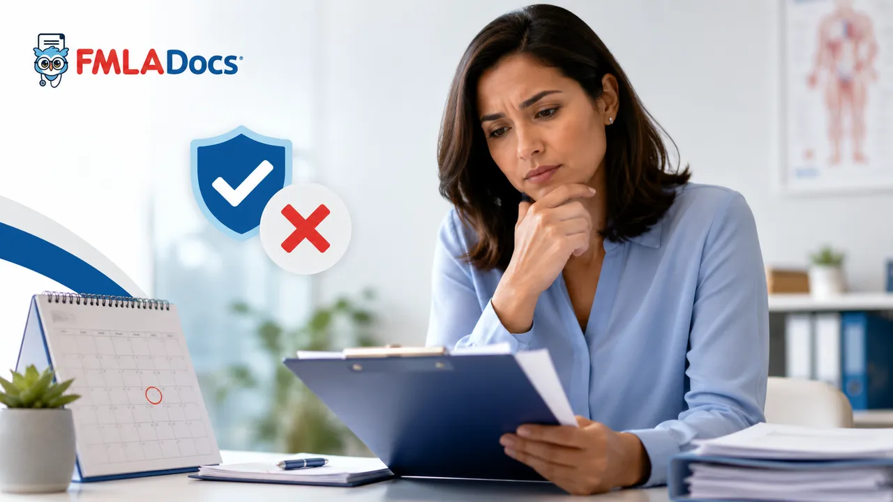 Employee reviewing FMLA paperwork on a clipboard with approval and denial icons