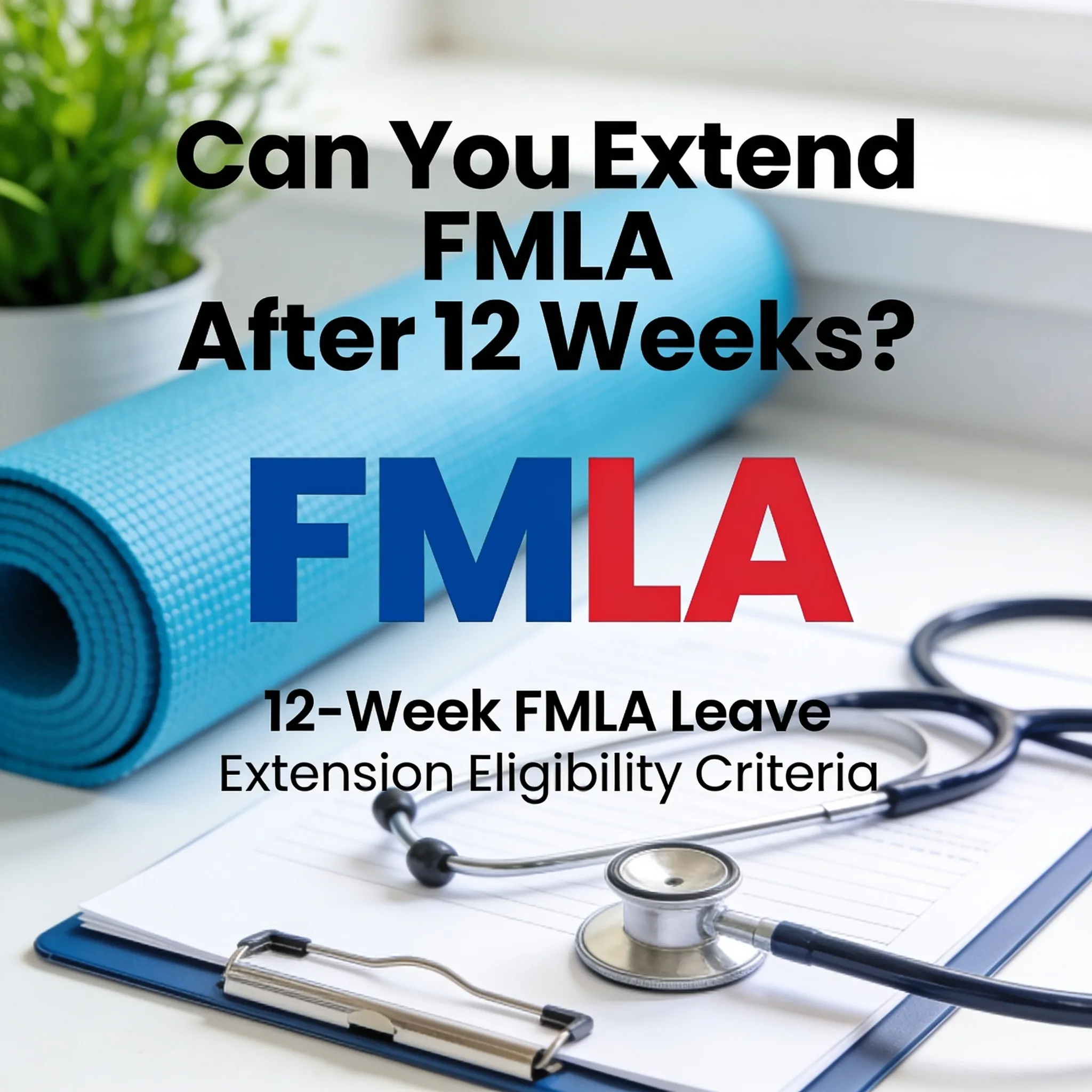 Rolled exercise mat, stethoscope and clipboard beside the question of whether FMLA can be extended after 12 weeks