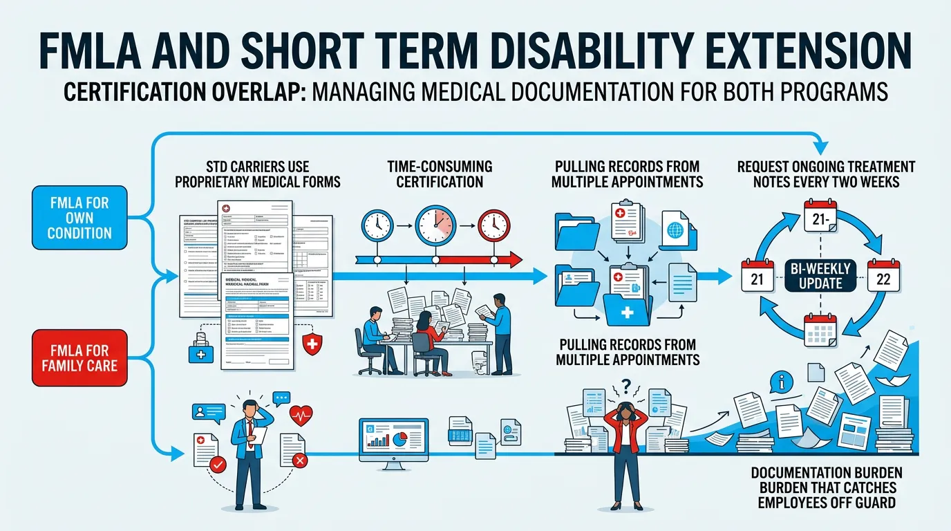 Certification overlap between FMLA and short-term disability: STD carriers use proprietary medical forms, records are pulled from multiple appointments, and ongoing treatment notes may be requested every two weeks