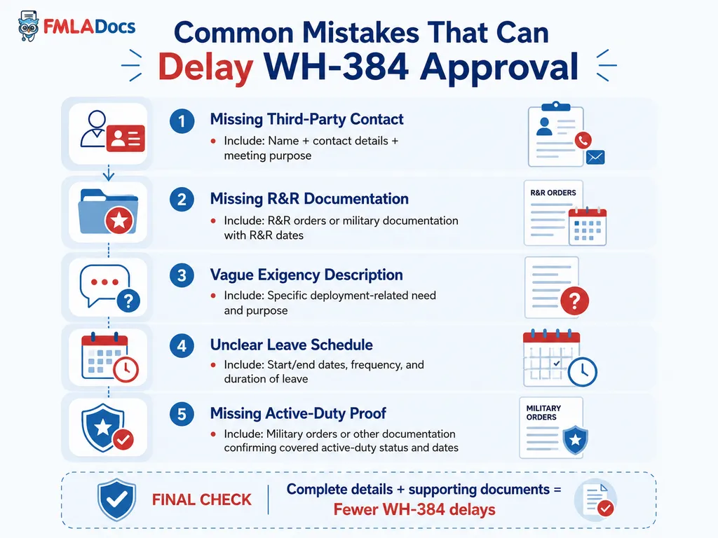 Common mistakes that can delay WH-384 approval, from missing third-party contact details to missing active-duty proof