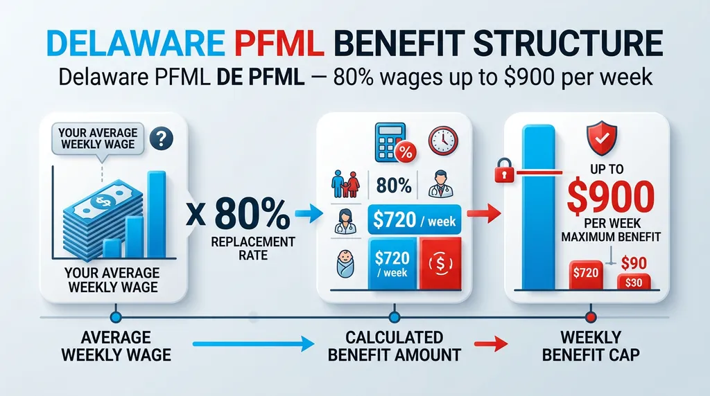 Infographic: Delaware PFML DE PFML — 80% wages up to $900 per week - Delaware PFML DE PFML — 80% wages up to $900 per week
