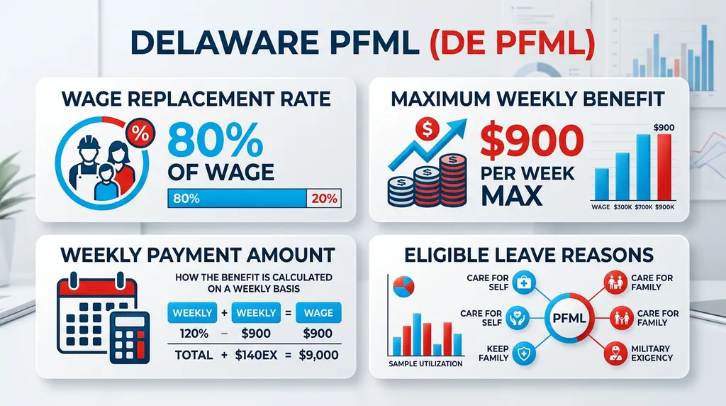 Infographic: Delaware PFML DE PFML — 80% wages up to $900 per week - Delaware PFML DE PFML — 80% wages up to $900 per week