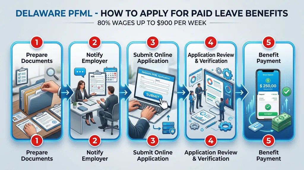 Infographic: How to Apply for Delaware Paid Leave Benefits - Delaware PFML DE PFML — 80% wages up to $900 per week