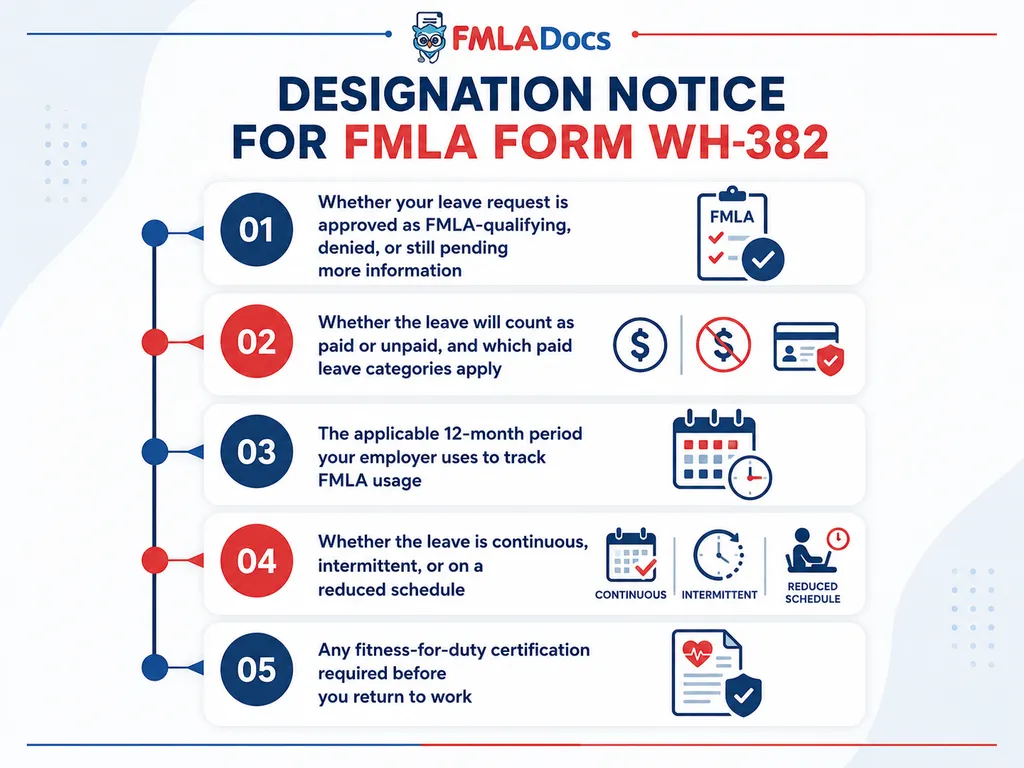 What the designation notice for FMLA Form WH-382 must include