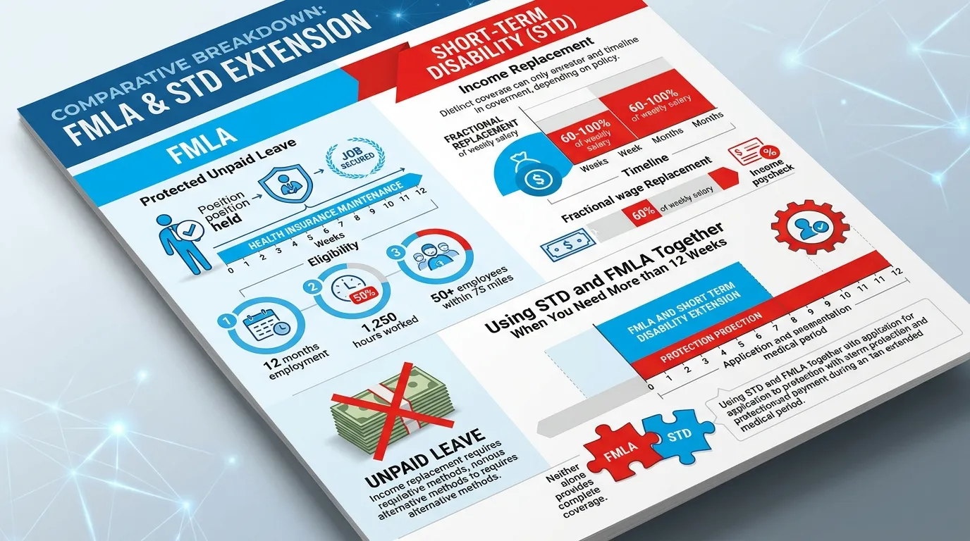 Comparative breakdown of FMLA and short-term disability extension: FMLA's protected unpaid leave and eligibility rules versus STD's fractional income replacement, and why neither alone provides complete coverage