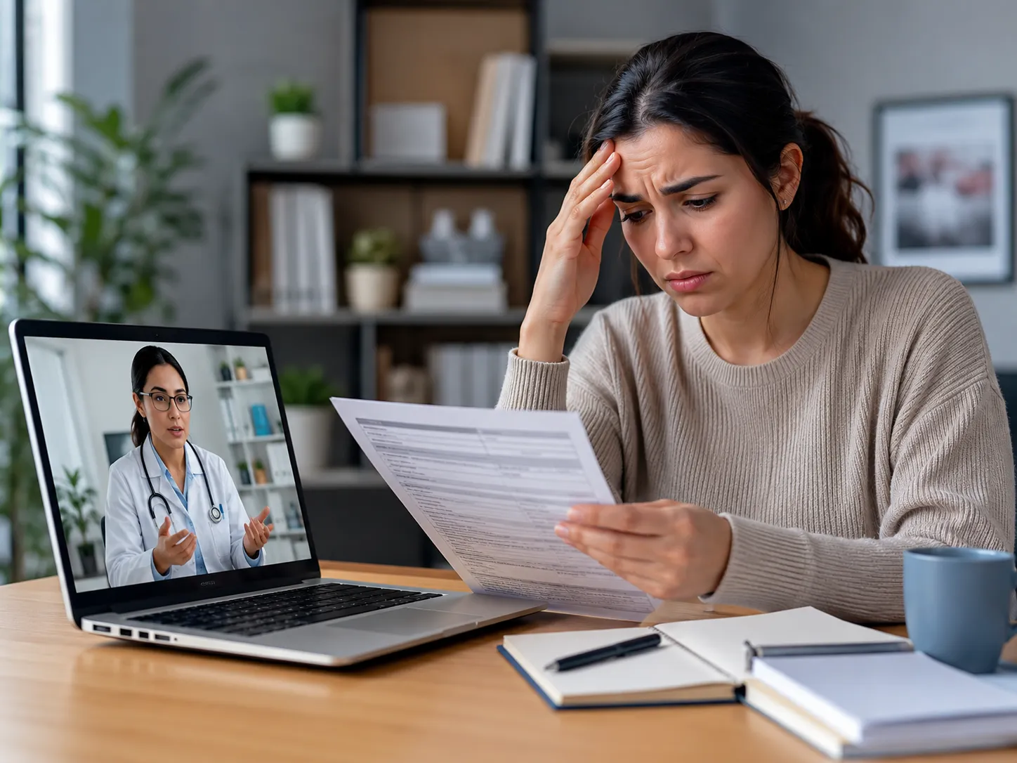 Woman reviewing FMLA paperwork at her desk during a telehealth consultation with a doctor on her laptop