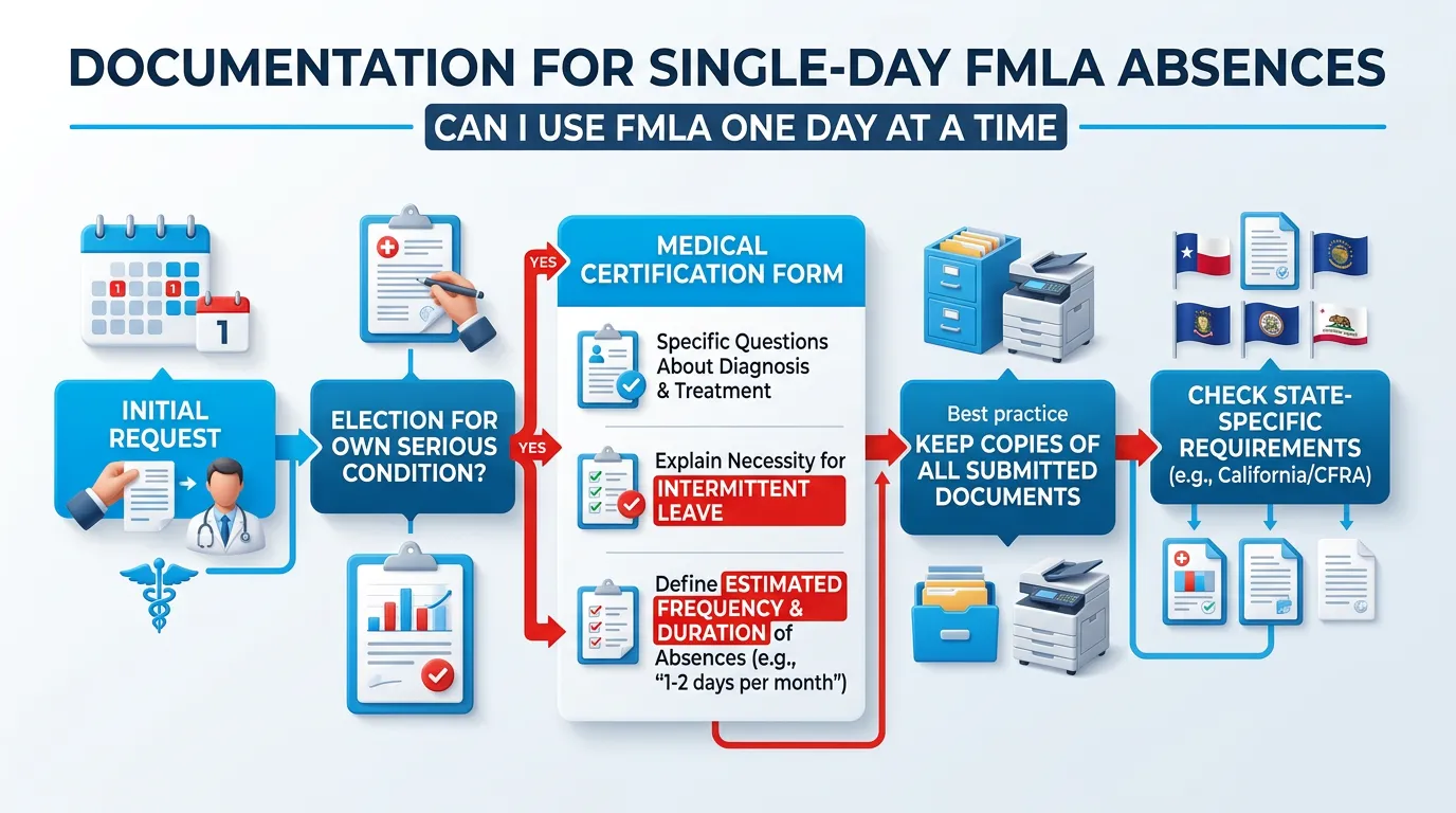 Documentation for single-day FMLA absences: the initial request, the medical certification form covering diagnosis, the necessity of intermittent leave and estimated frequency and duration, keeping copies of everything submitted, and checking state-specific requirements