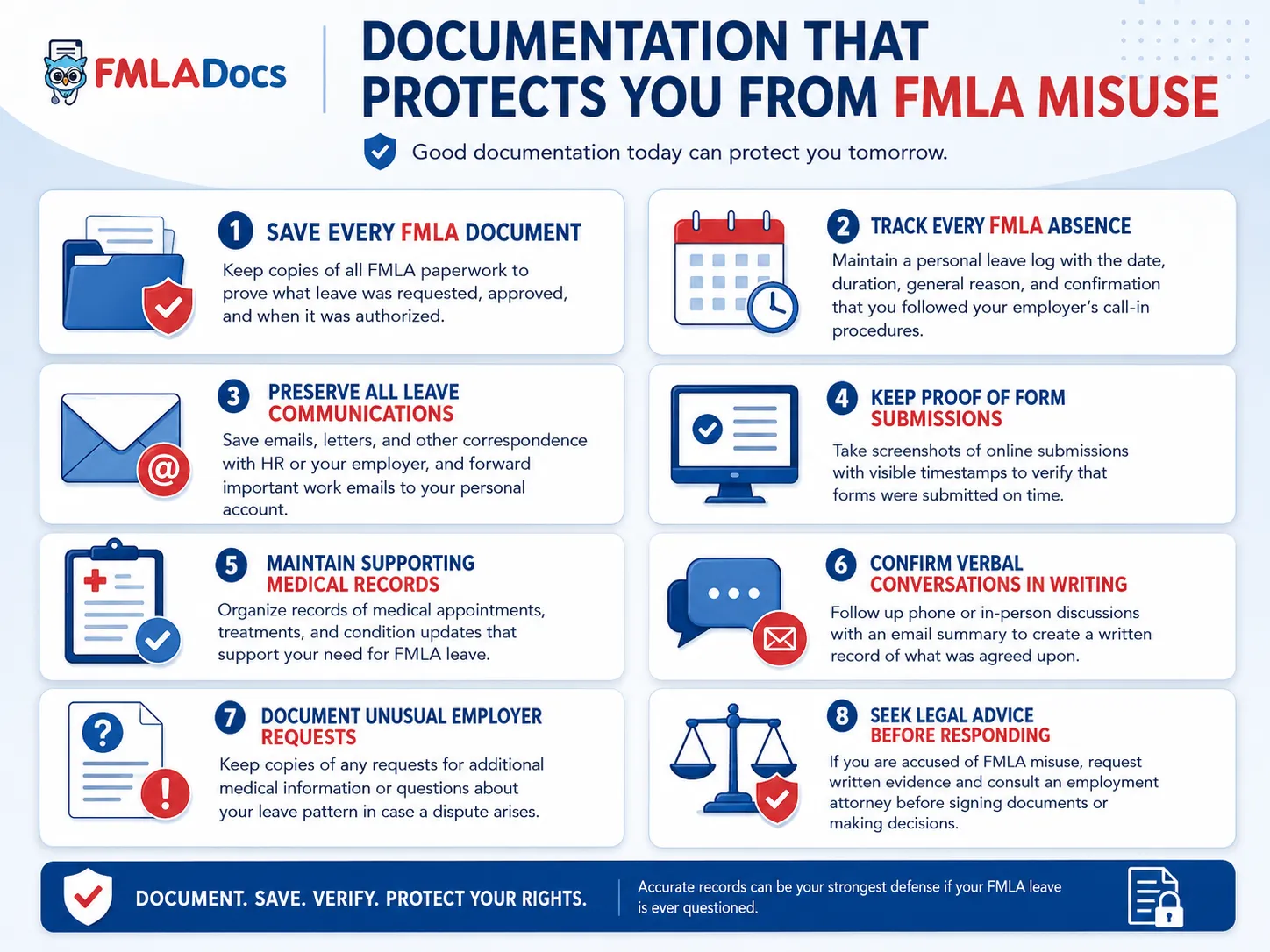 Documentation that protects you from FMLA misuse claims: save every FMLA document, track every absence, preserve leave communications, and keep proof of form submissions