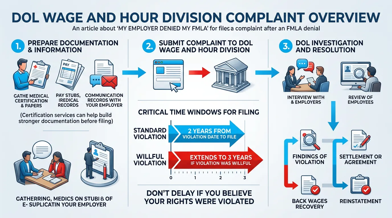 DOL Wage and Hour Division complaint overview: preparing documentation, submitting the complaint, and the investigation and resolution, with the two-year filing window extending to three years for a willful violation