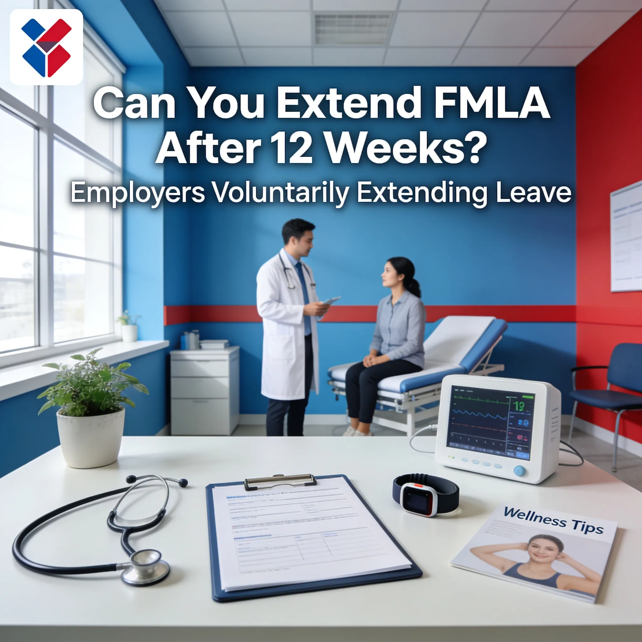 Clinician meeting a patient in an exam room, illustrating employers who voluntarily extend leave beyond the 12-week FMLA entitlement