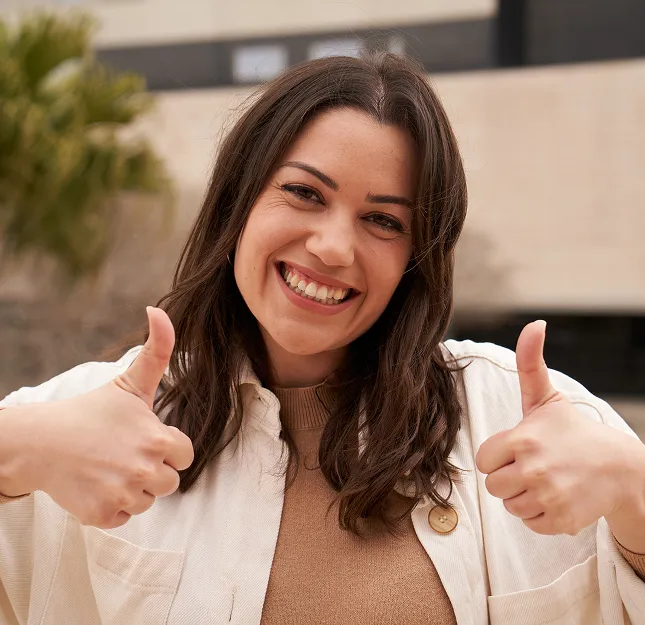 A girl is smiling