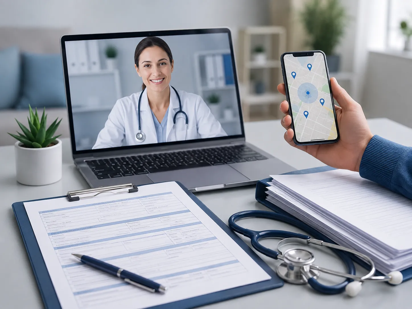 Desk with FMLA paperwork, stethoscope, and phone showing nearby doctor locations during a telehealth consultation