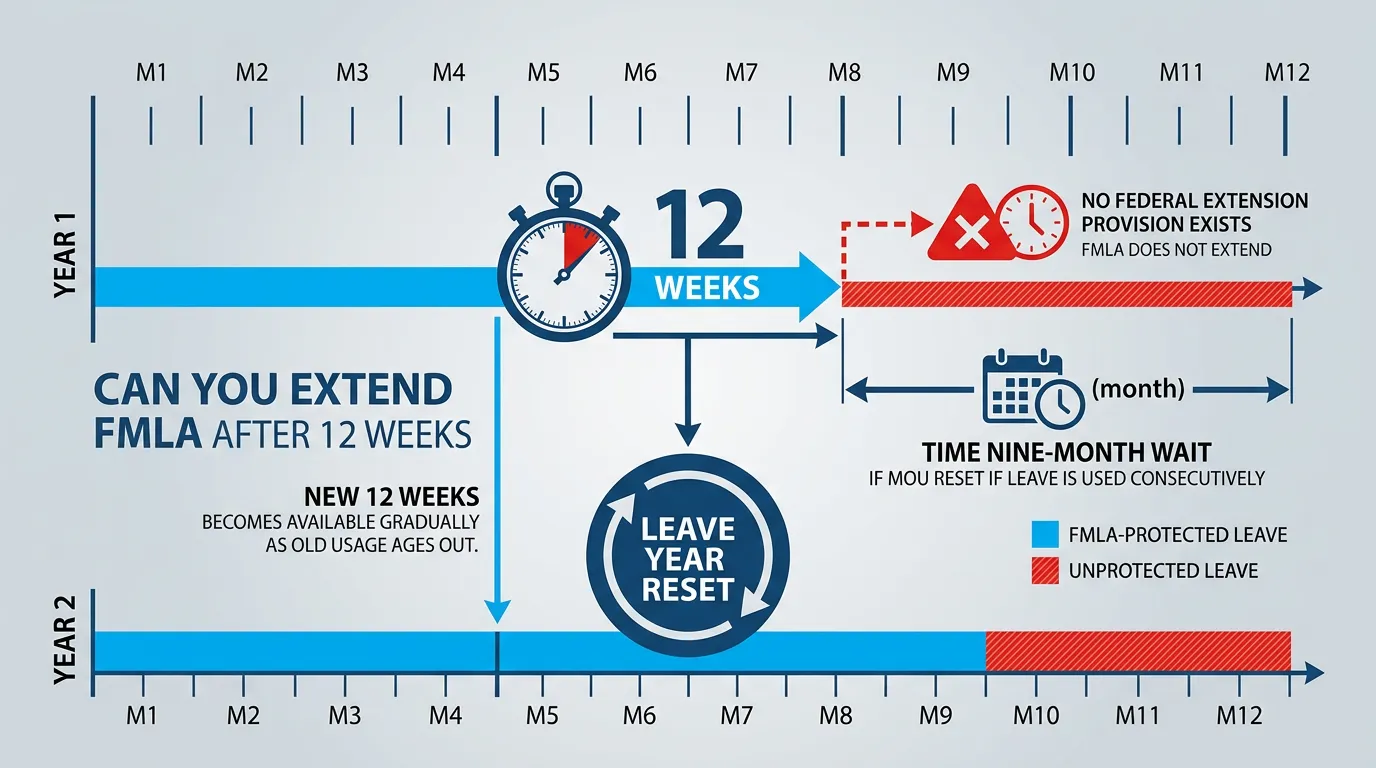 FMLA's 12-week limit and leave year reset shown across two years, contrasting FMLA-protected leave with unprotected leave and showing how a new 12 weeks becomes available as old usage ages out