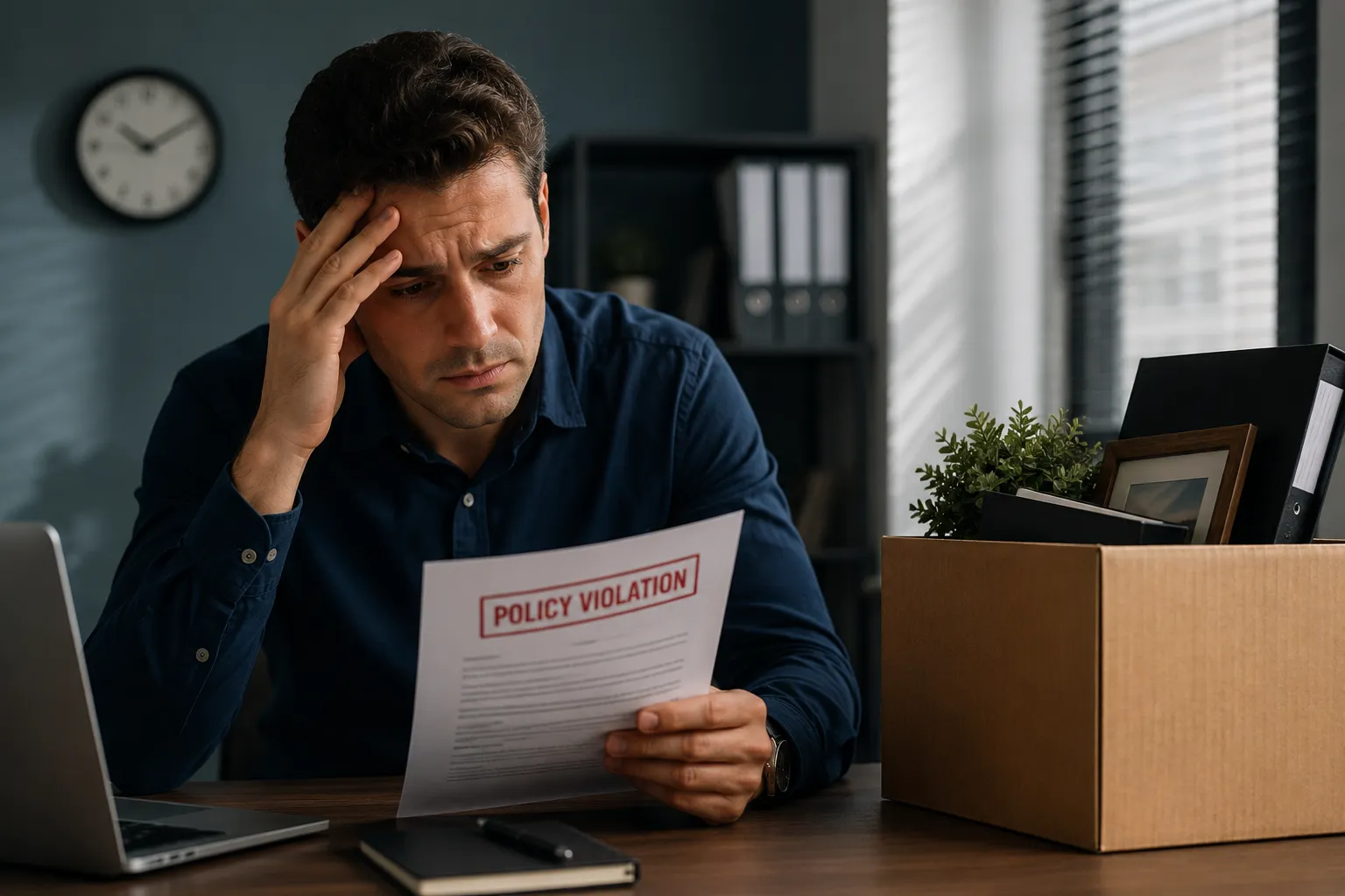 Employee reading a policy violation notice at a desk beside a packed box after an FMLA misuse accusation