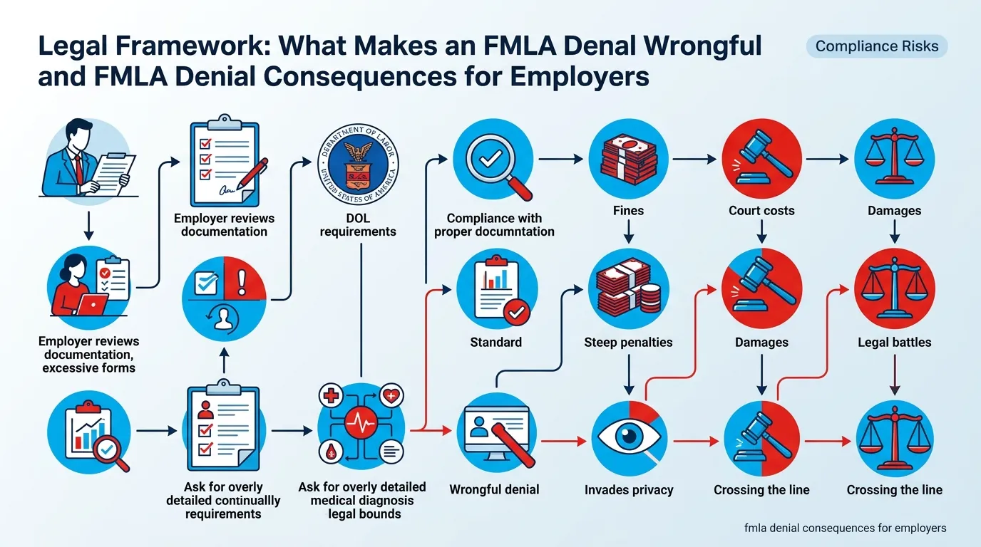 Infographic: Legal Framework: What Makes an FMLA Denial Wrongful and FMLA Denial Consequences for Employers - FMLA Denial Con