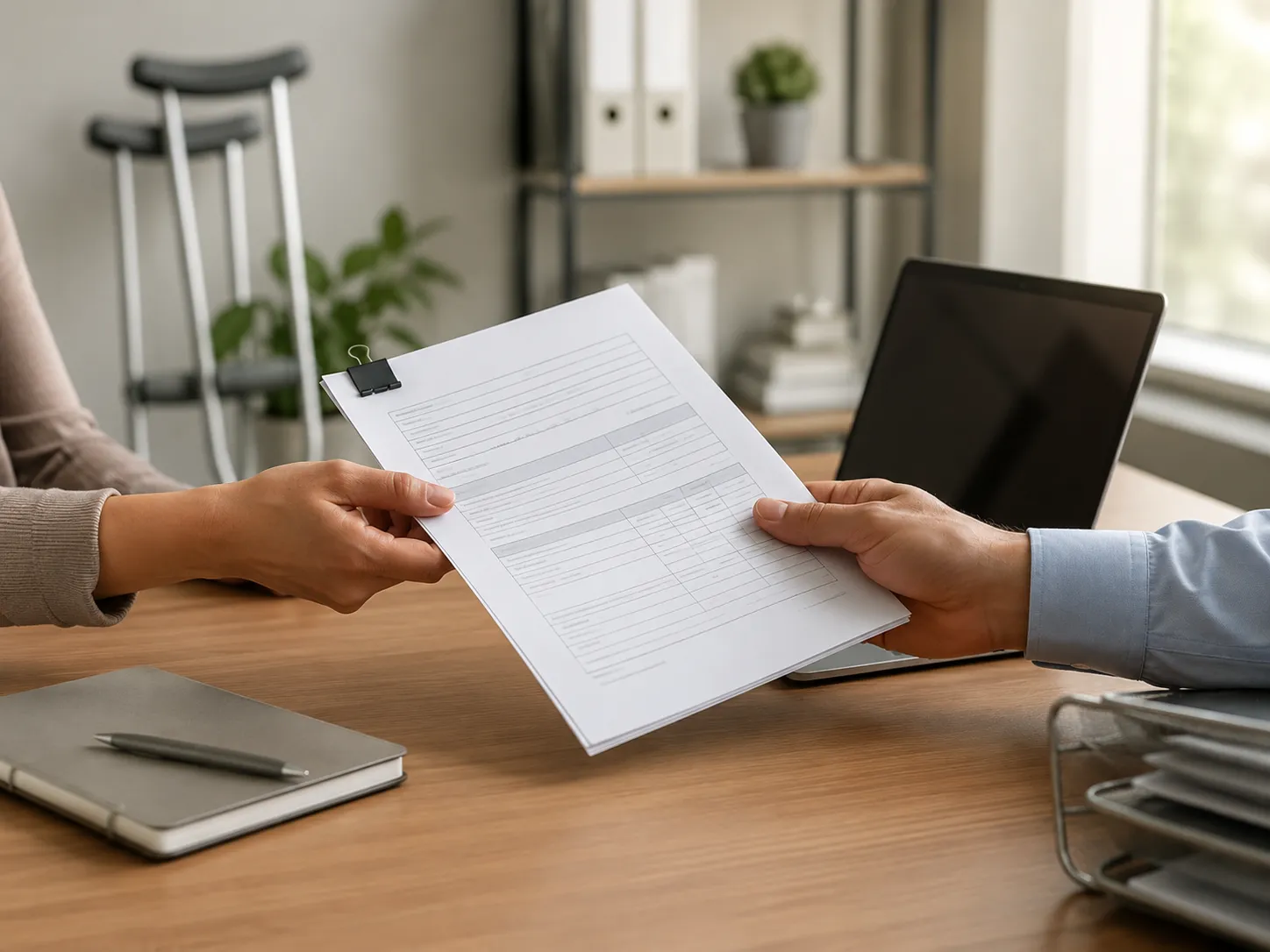 Employee handing an FMLA extension request and updated certification across a desk to an HR representative