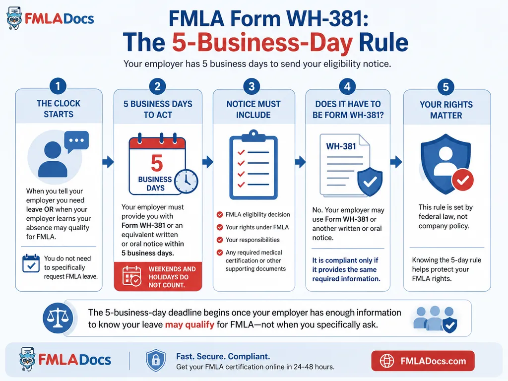 The FMLA Form WH-381 5-day rule: when the employer's notice deadline starts and how it is counted