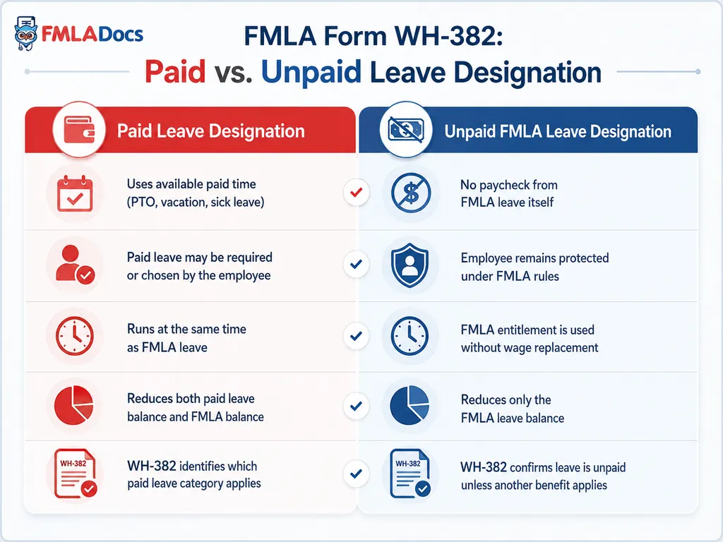 FMLA Form WH-382 paid vs. unpaid leave designation and how paid leave substitution works