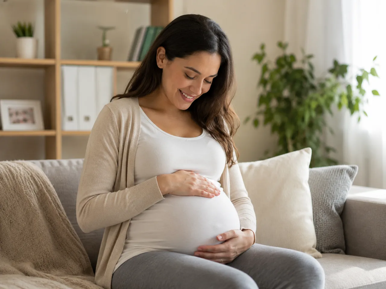 Pregnant woman sitting on a sofa cradling her belly, illustrating FMLA maternity leave for pregnancy