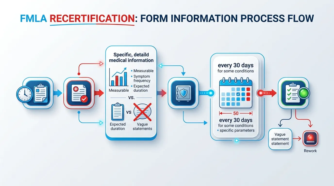 FMLA recertification form information process flow: specific, detailed medical information such as measurable symptom frequency and expected duration versus vague statements, and the every-30-days request interval