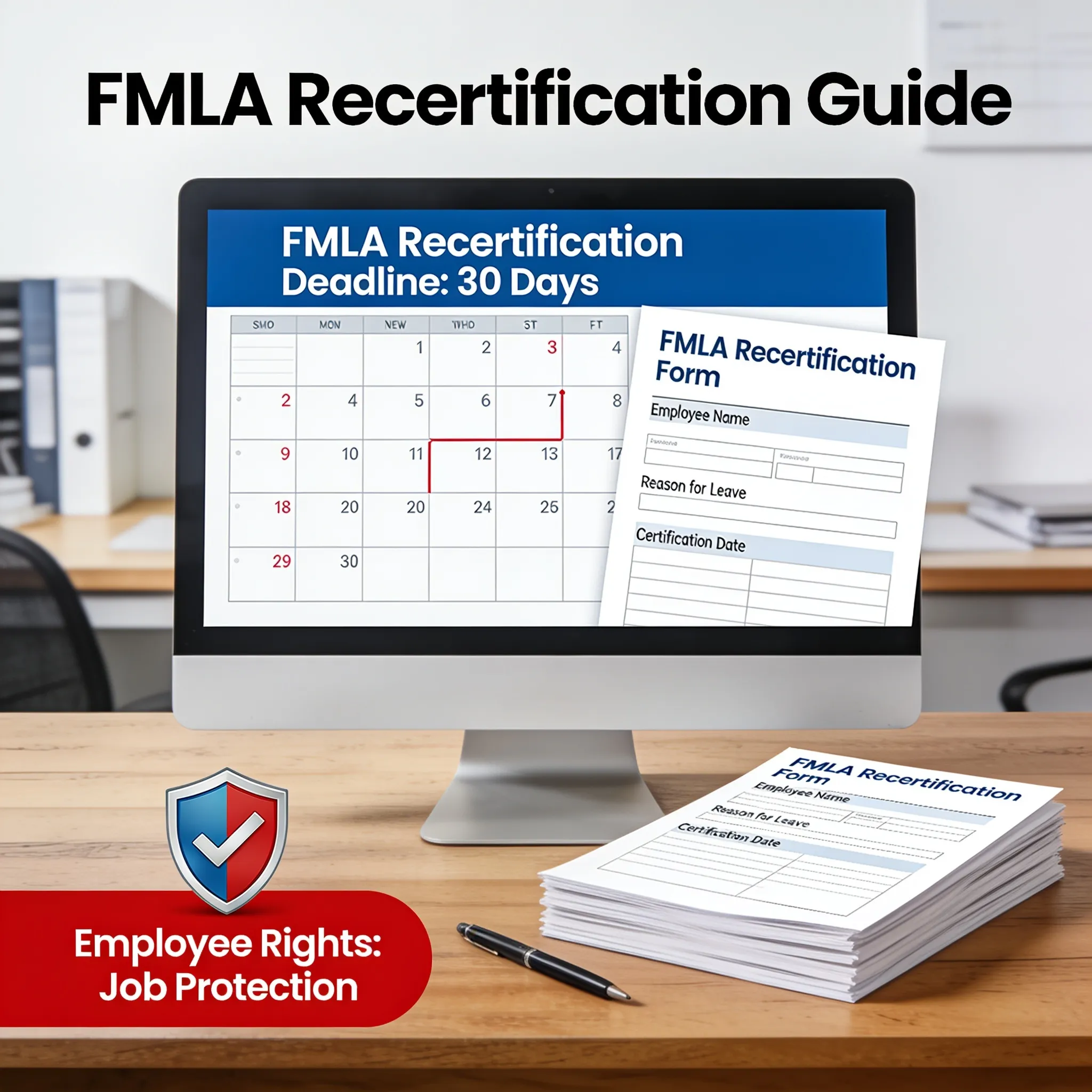 FMLA recertification guide showing the 30-day deadline on a calendar beside a stack of FMLA recertification forms