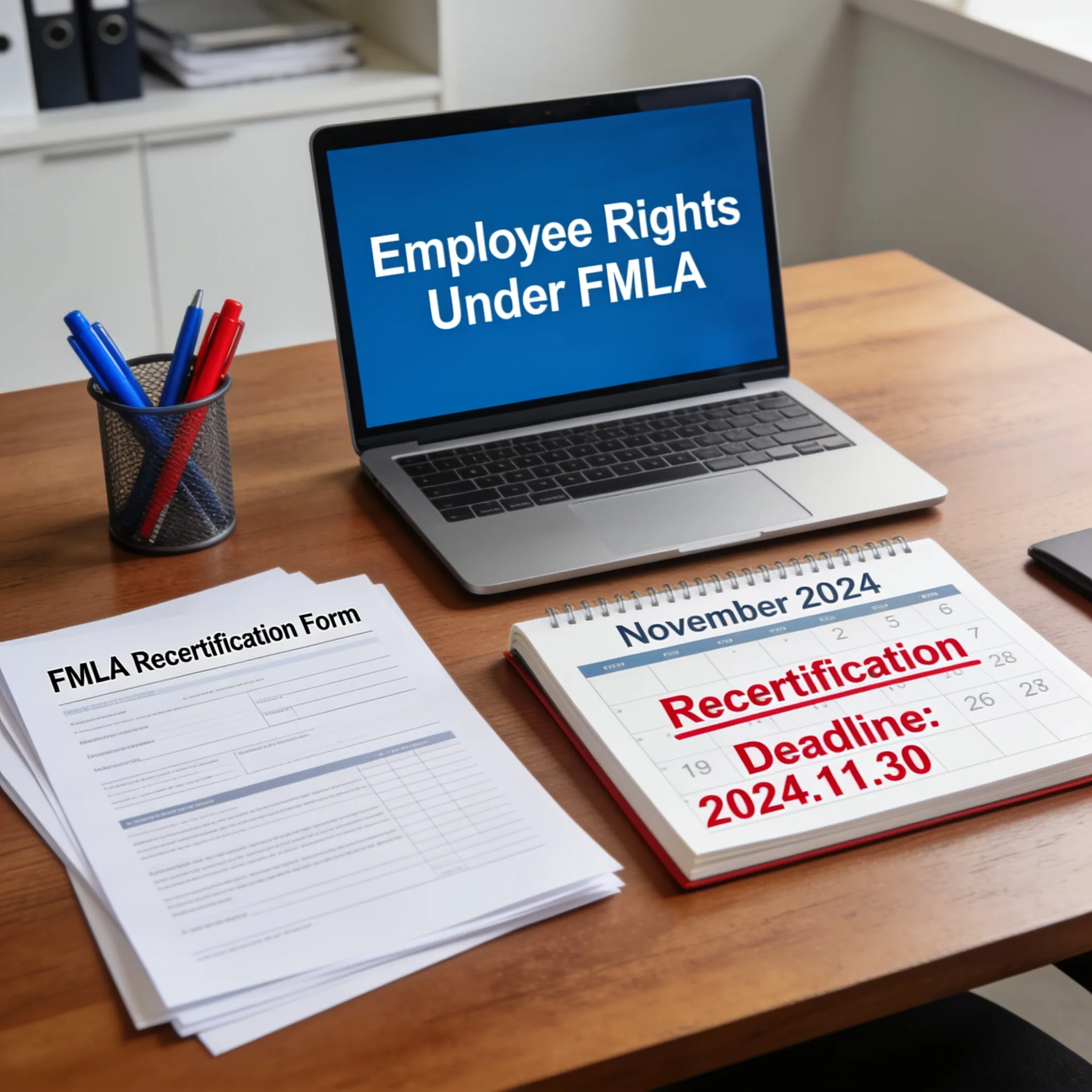 Desk with an FMLA recertification form, a calendar marking the recertification deadline, and a laptop showing employee rights under FMLA