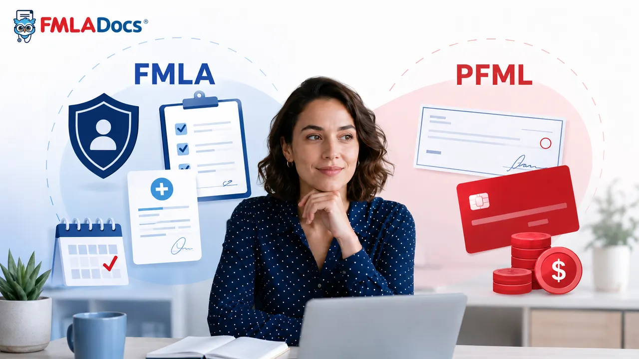 Woman comparing FMLA job protection and PFML paid leave options at her desk