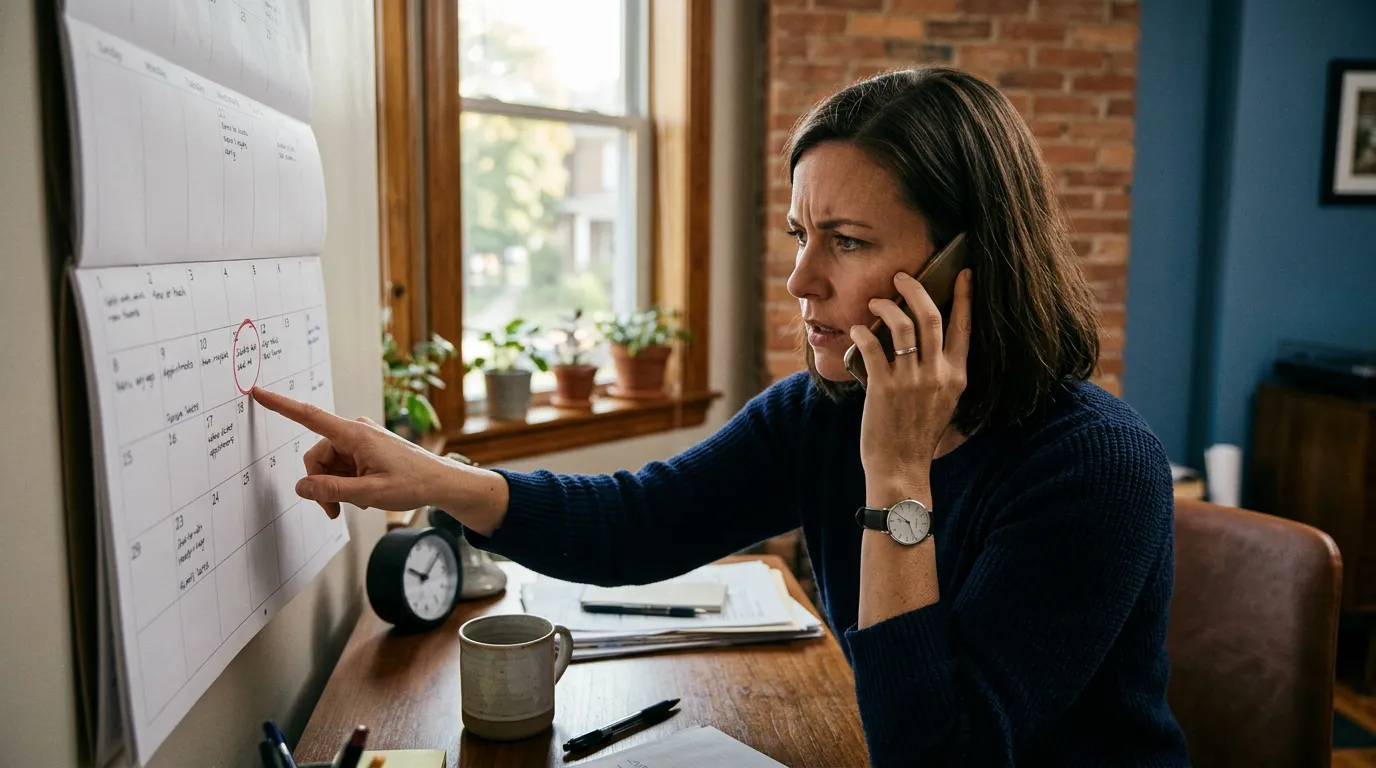 Employee on the phone with HR pointing at a wall calendar where intermittent FMLA absences and appointments are circled