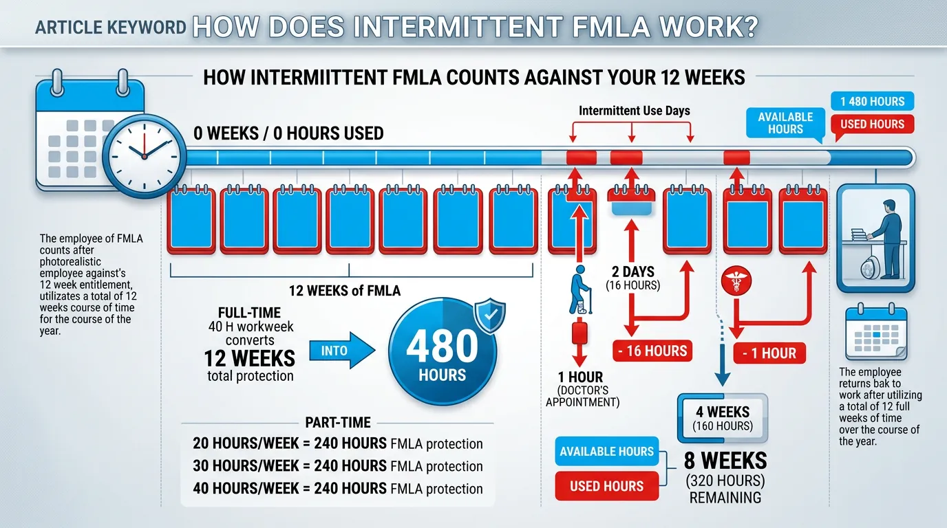 How intermittent FMLA counts against your 12 weeks: a full-time 40-hour workweek converting 12 weeks into 480 hours, individual absences deducted in hours, part-time entitlements, and the running balance of available versus used hours
