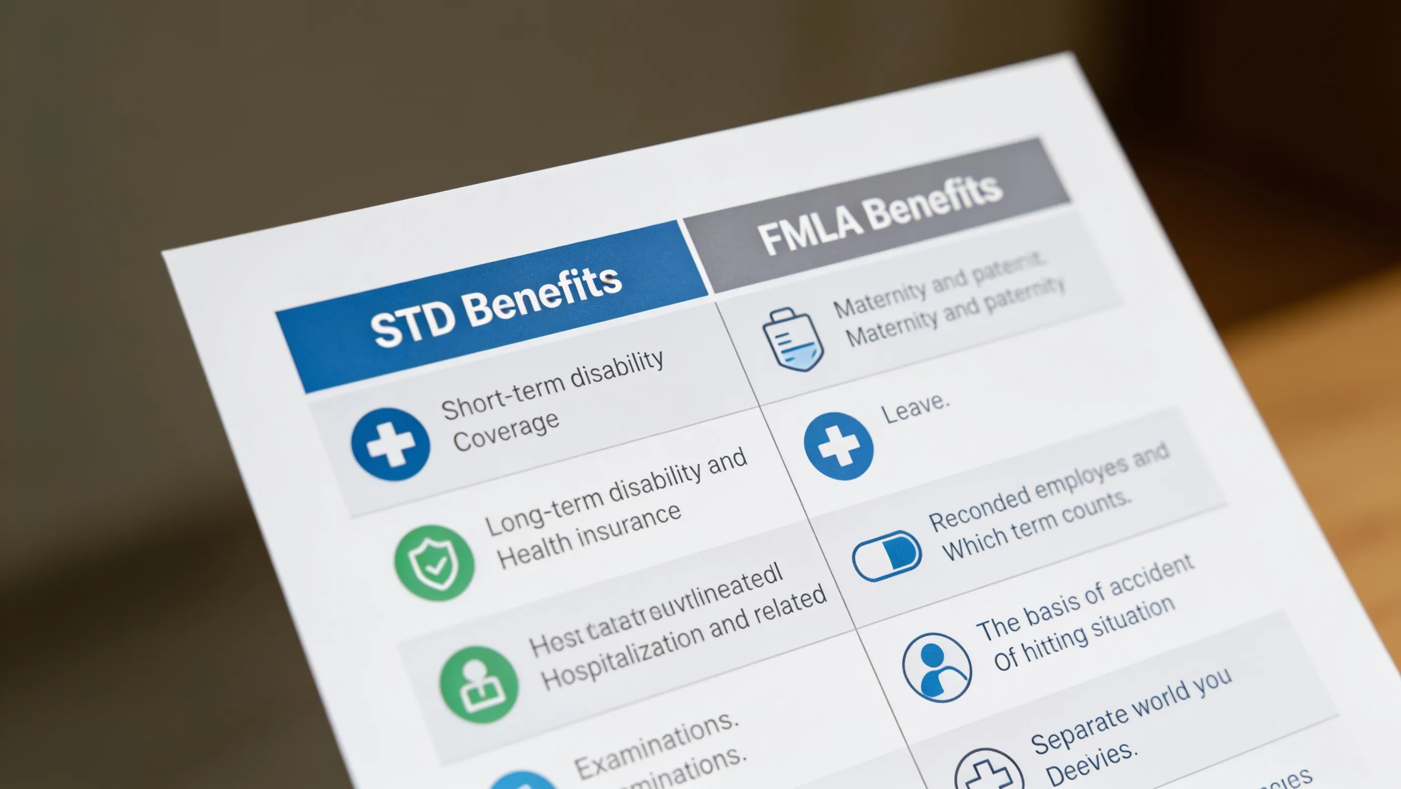 Side-by-side comparison of STD benefits and FMLA benefits, covering short-term disability coverage, health insurance, hospitalization, and which term counts for each