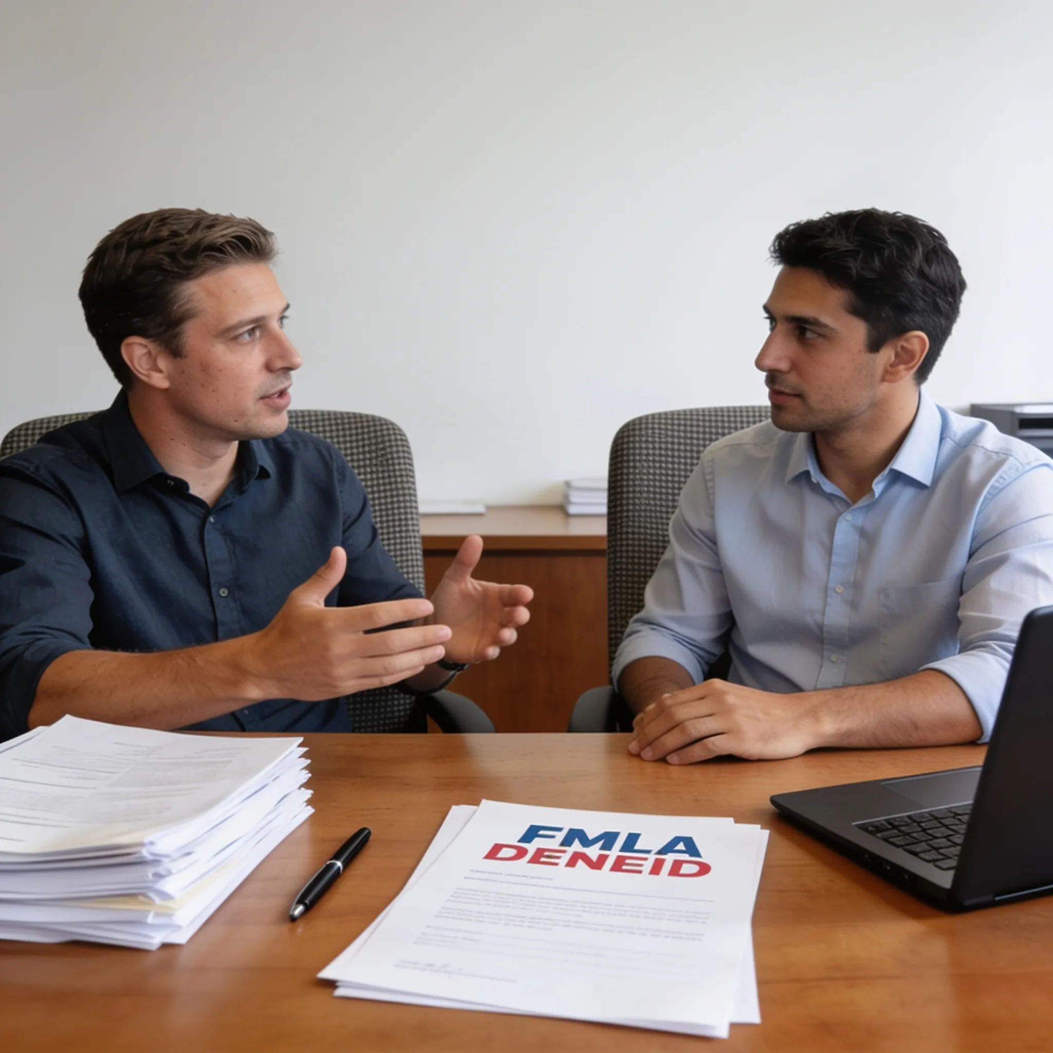 Employee discussing an FMLA denial notice with an HR representative across a desk stacked with certification paperwork