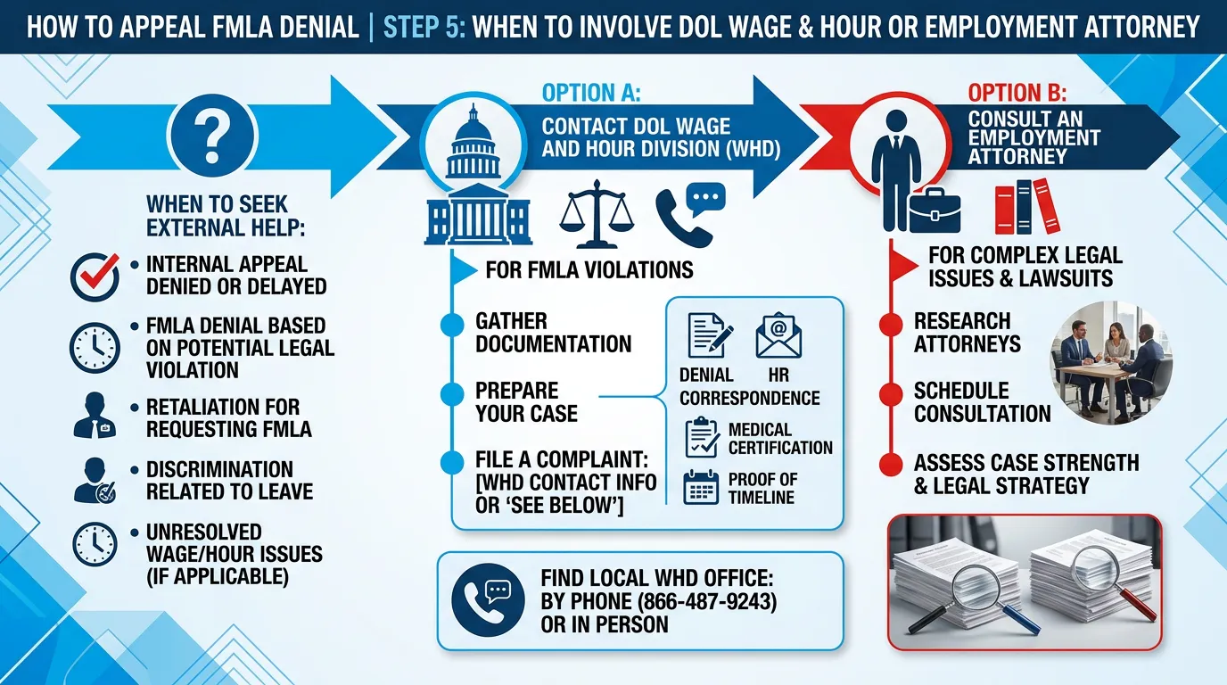 Infographic: Step 5 — When to involve DOL Wage and Hour or an employment attorney - How to Appeal FMLA Denial: Your Step-by-S