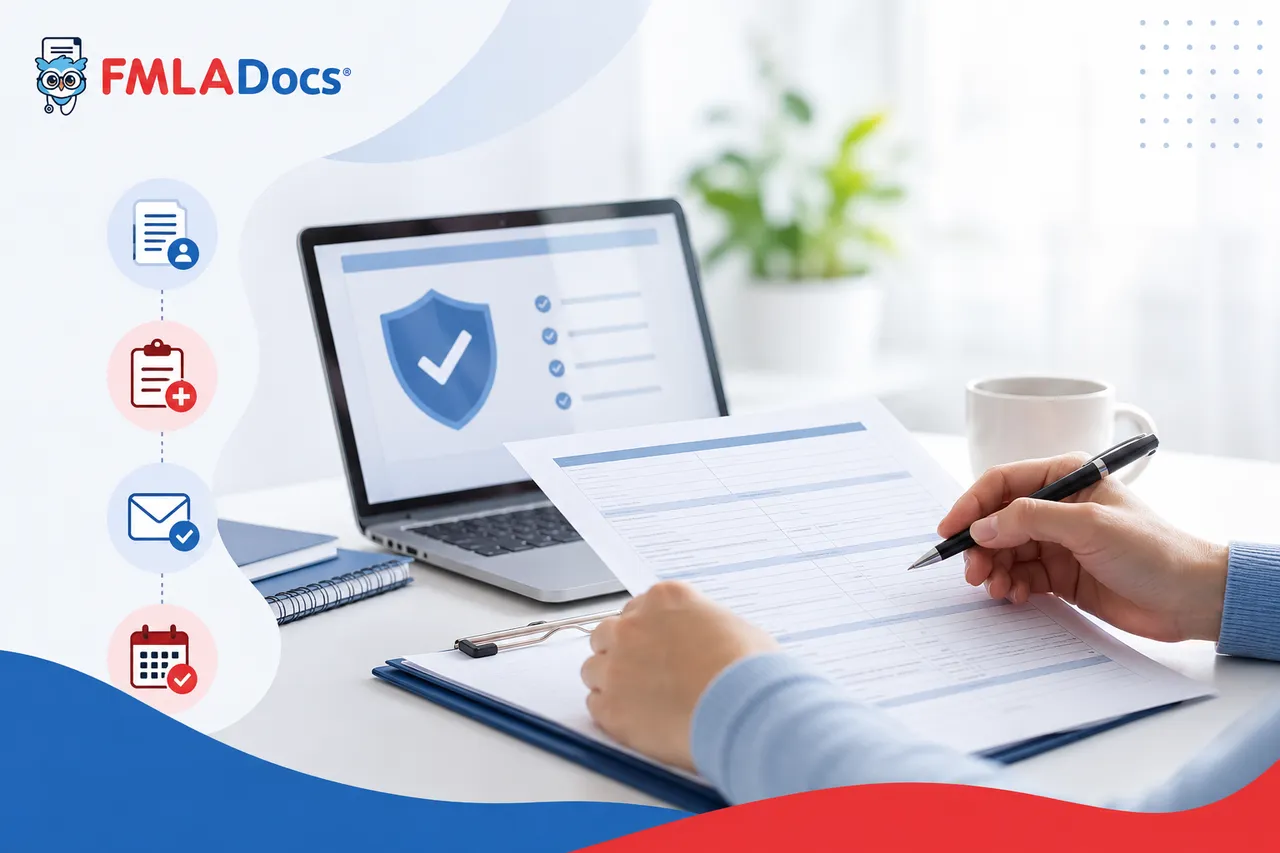 Person completing FMLA paperwork at a desk with a step-by-step process checklist