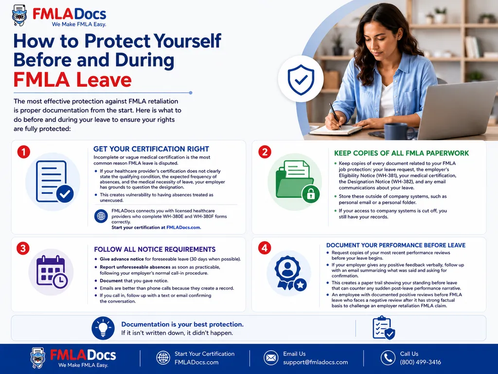 How to protect yourself before and during FMLA leave against retaliation through proper certification, paperwork, notice, and performance documentation