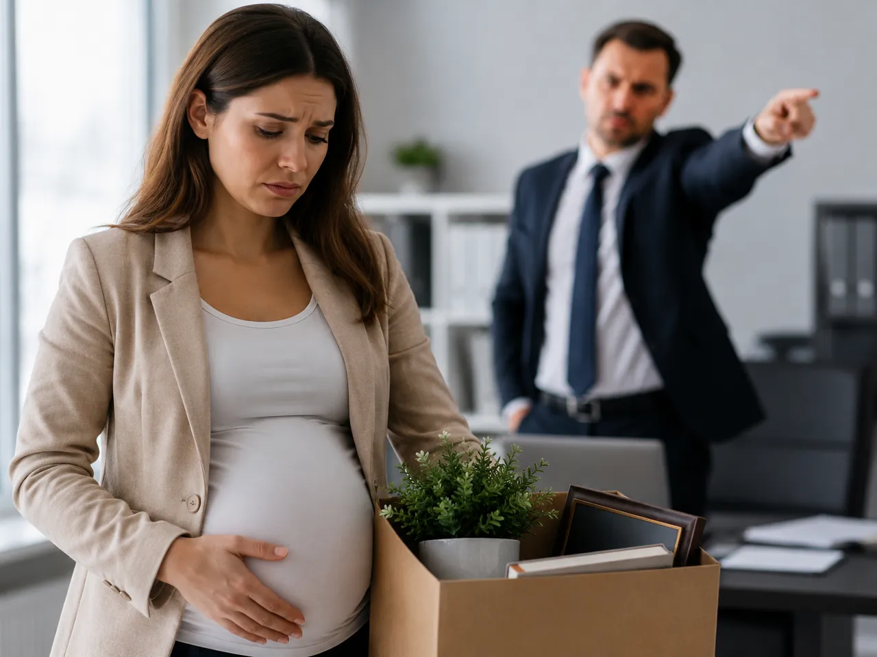 Pregnant employee holding a box of office belongings after being terminated, illustrating illegal FMLA retaliation