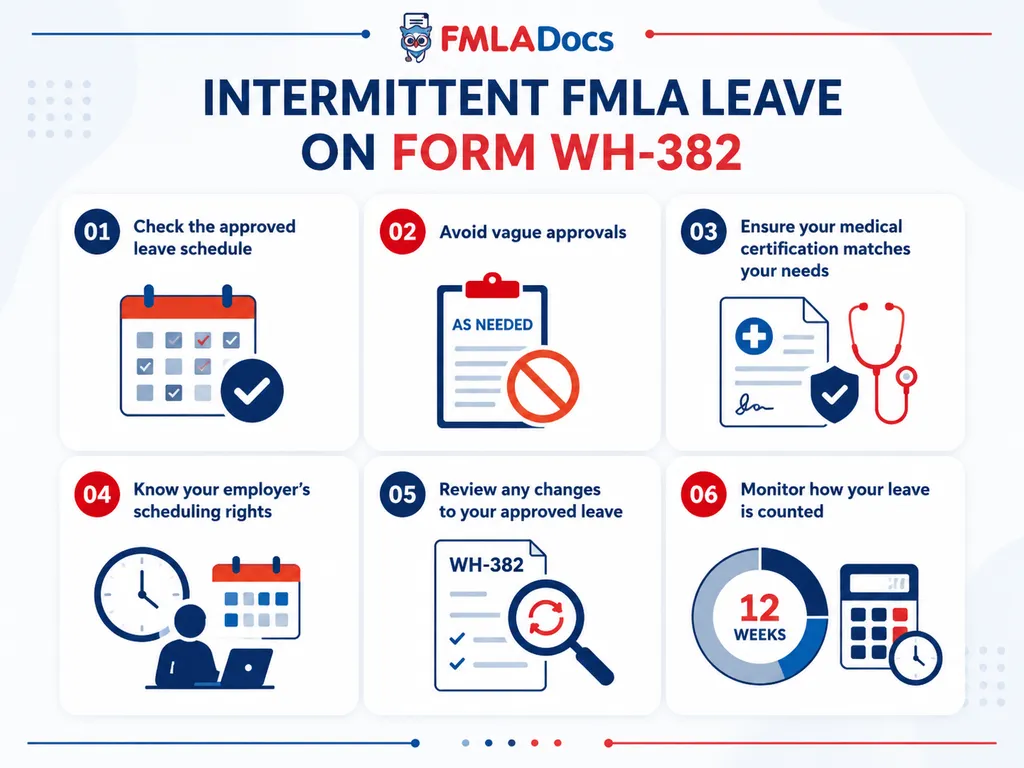 Six things to check for intermittent FMLA leave on Form WH-382, from the approved schedule to how leave is counted