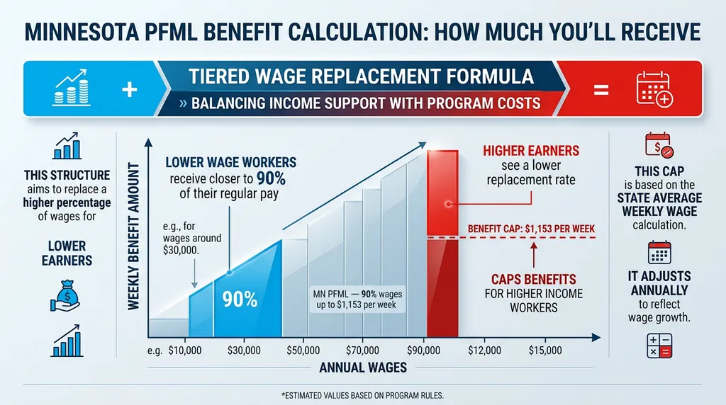 Infographic: Minnesota PFML Benefit Calculation: How Much You'll Receive - Minnesota PFML - MN PFML — 90% wages up to $1,153 