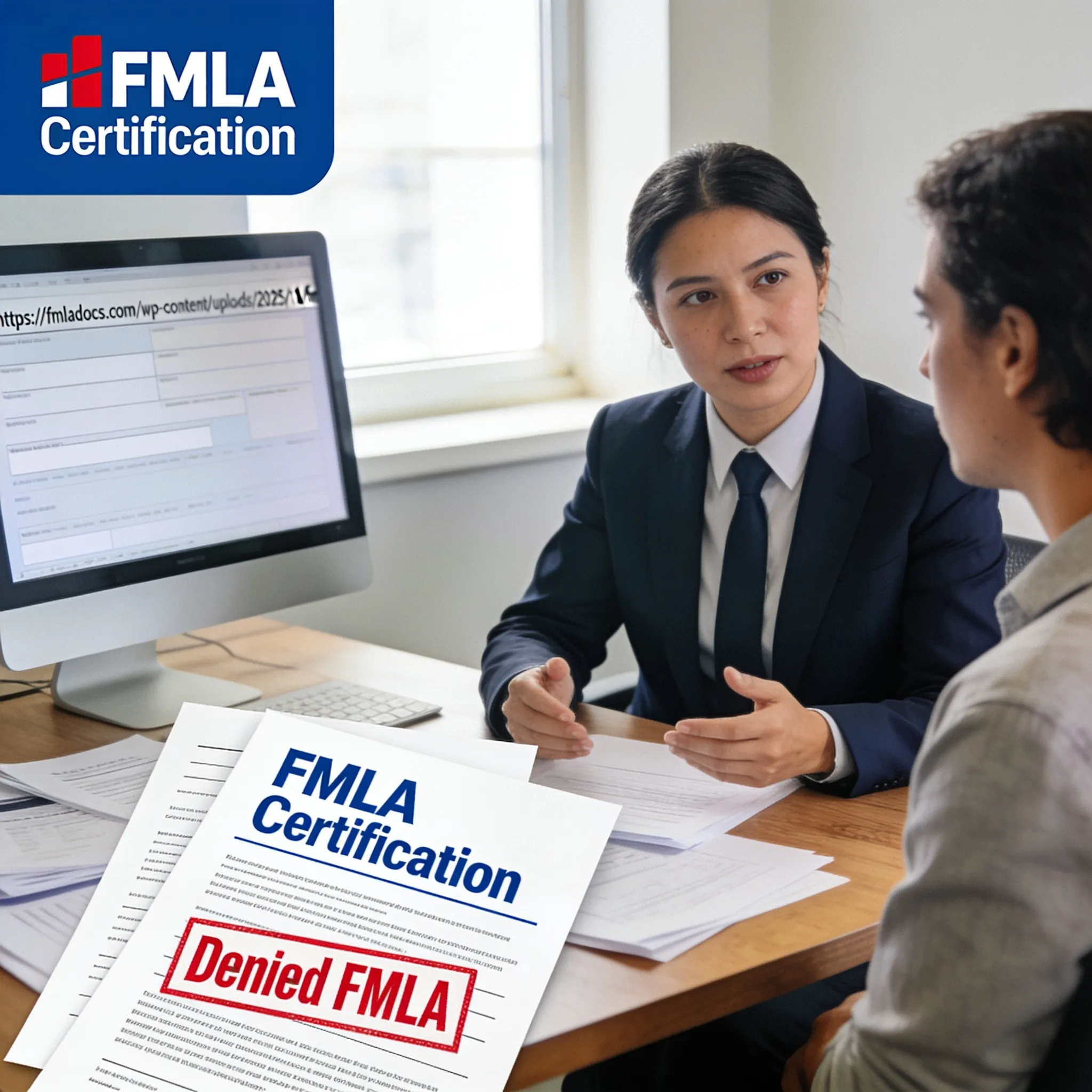 HR representative explaining a denied FMLA certification to an employee across a desk of leave paperwork