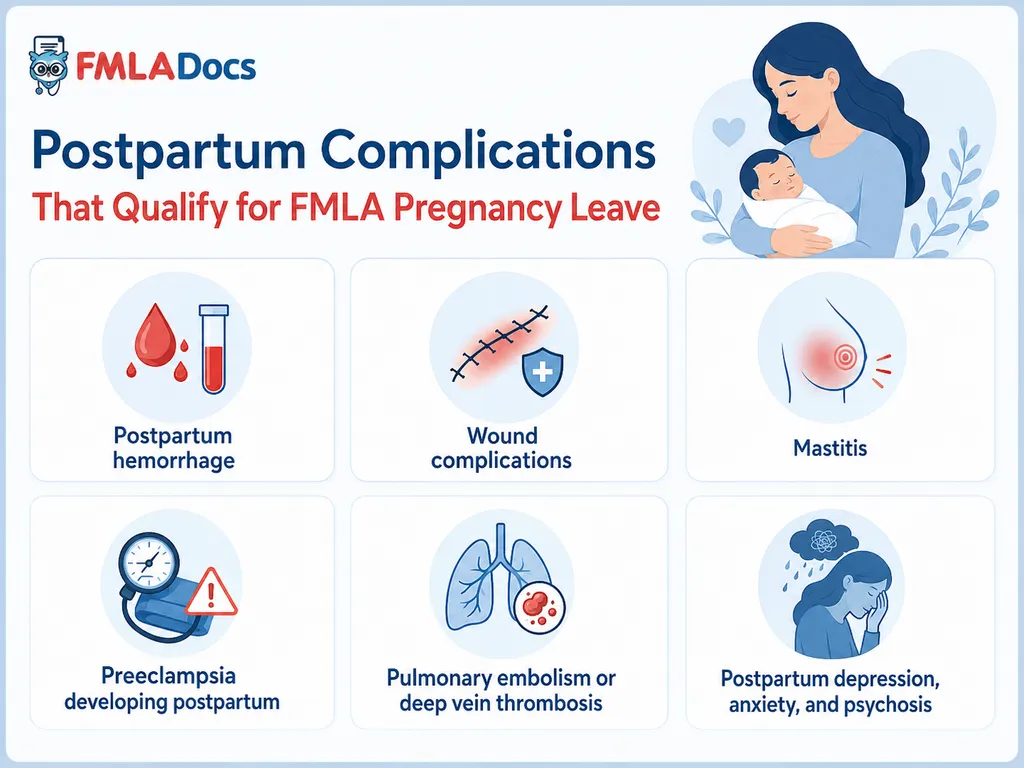 Postpartum complications that qualify for FMLA maternity leave including hemorrhage, wound complications, mastitis, preeclampsia, blood clots, and postpartum mental health conditions