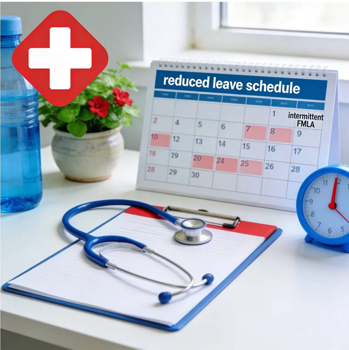 Desk calendar labeled reduced leave schedule and intermittent FMLA with medical supplies