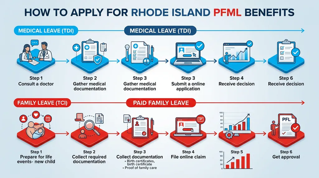Infographic: How to Apply for Rhode Island TDI and Paid Family Leave Benefits - Rhode Island PFML — RI TDI and PFML — 60% wag