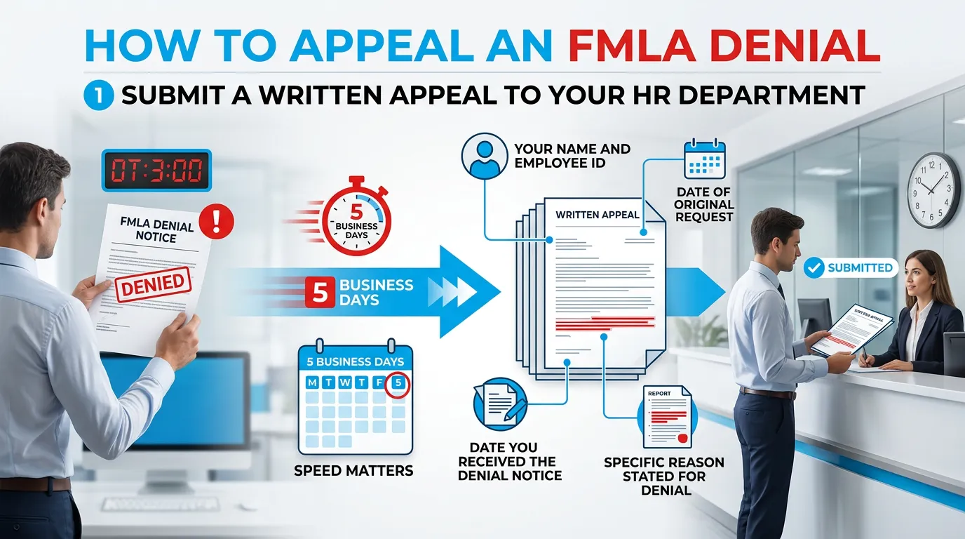 Submitting a written appeal to your HR department within five business days of the FMLA denial notice, including your name and employee ID, the date of the original request, the date you received the denial, and the specific reason stated for denial