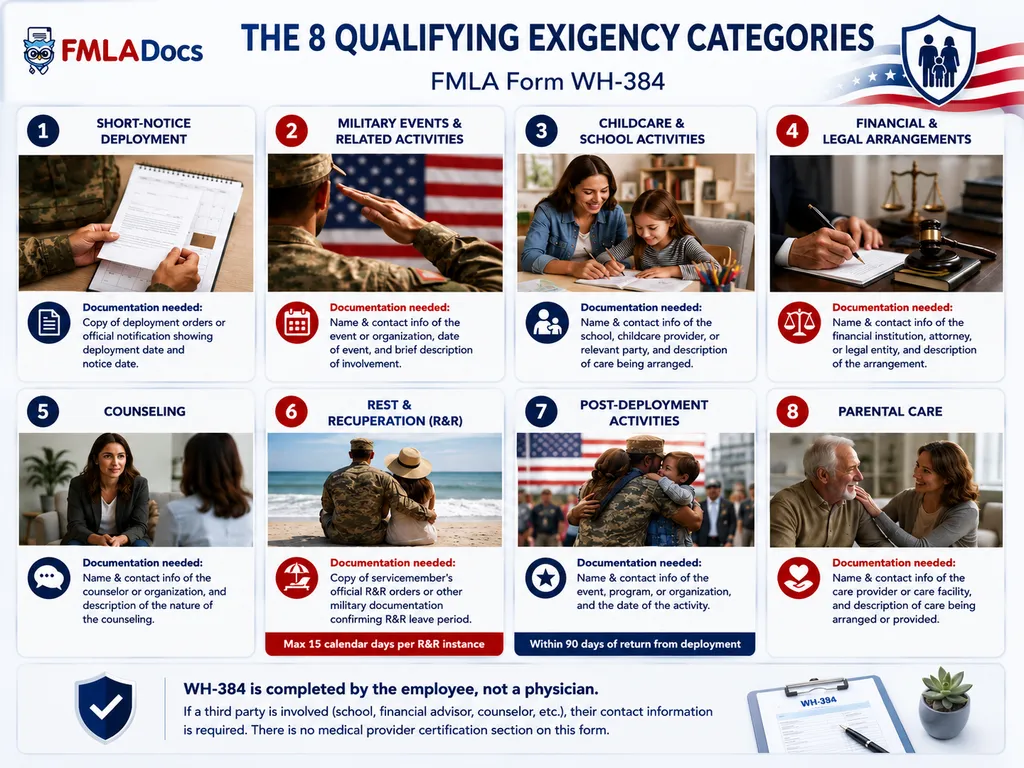 The eight qualifying exigency categories on FMLA Form WH-384 and the documentation needed for each, from short-notice deployment to parental care