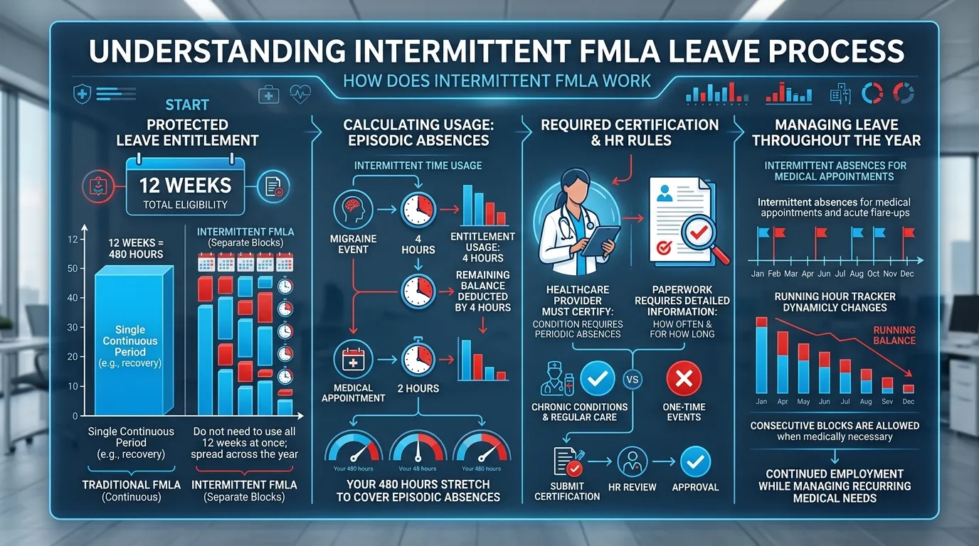 Understanding the intermittent FMLA leave process: the 12-week (480-hour) protected entitlement, how episodic absences are calculated against it, the certification and HR rules required, and managing leave across the year