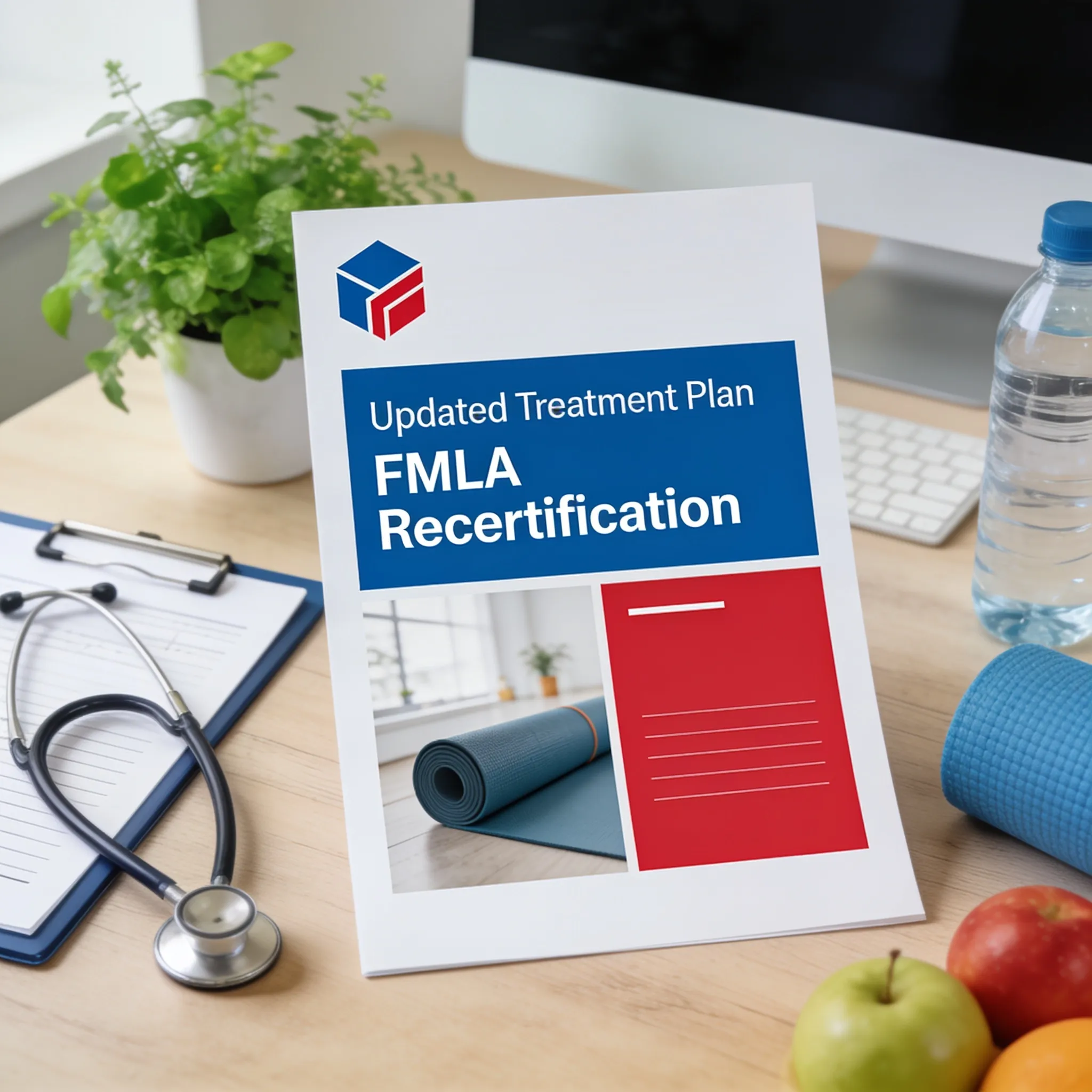 Updated treatment plan document for an FMLA recertification on a desk with a stethoscope and clipboard