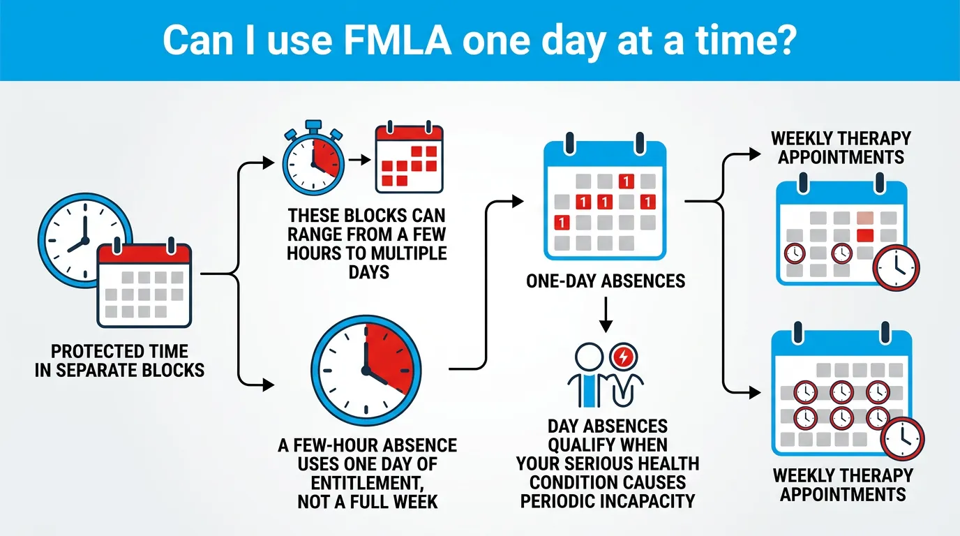 Using FMLA one day at a time: protected time taken in separate blocks ranging from a few hours to multiple days, how a few-hour absence uses one day of entitlement rather than a full week, and when single-day absences qualify
