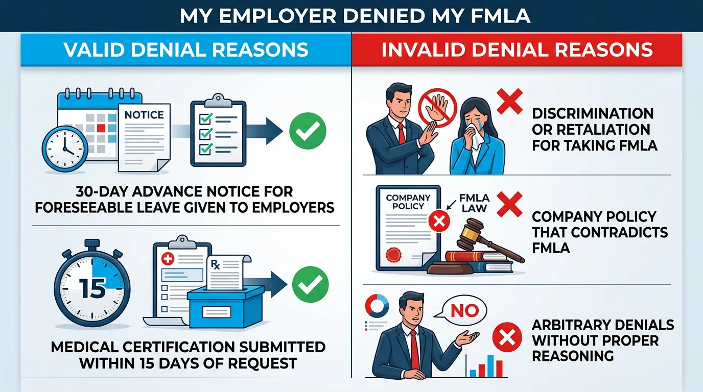 Valid versus invalid reasons an employer may deny FMLA: 30-day advance notice for foreseeable leave and medical certification submitted within 15 days are valid, while discrimination or retaliation, company policy that contradicts FMLA law, and arbitrary denials without reasoning are not